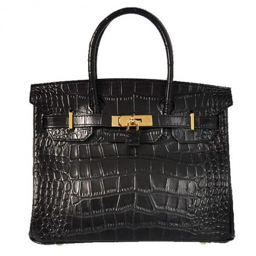 Hermes Birkin 30CM Tote Borse in pelle di coccodrillo nero oro