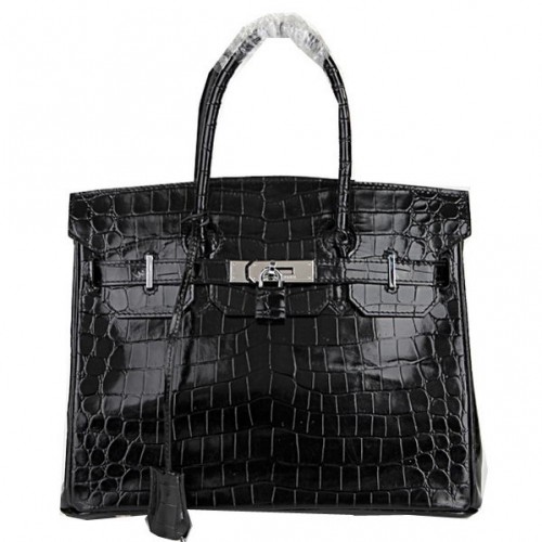 Hermes Birkin 30CM Tote Borse in pelle di coccodrillo nero iridescente argento