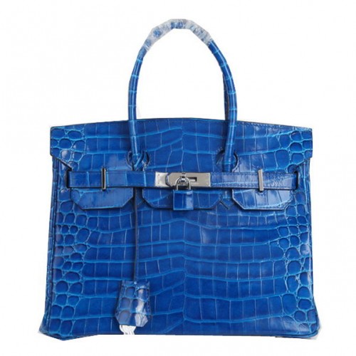 Hermes Birkin 30CM Tote Bags Blu Iridescente Cocco Pelle Argento