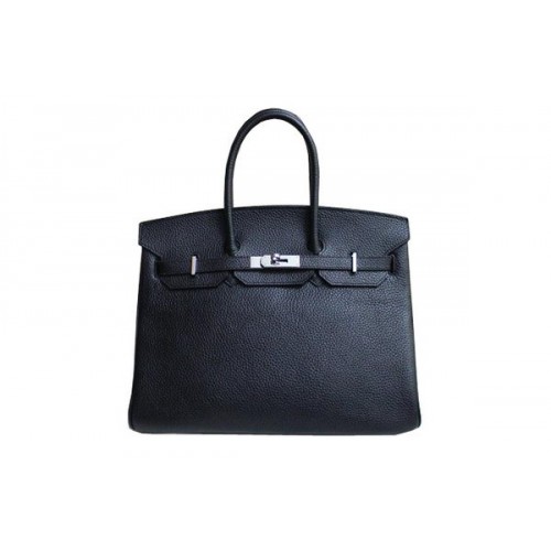 Hermes Birkin 35CM Tote Bag Black&Rose Clemence Pelle H35 Argento