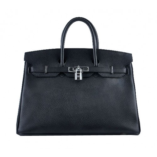 Hermes Birkin 35CM Tote Bag Nero in pelle granulosa argento