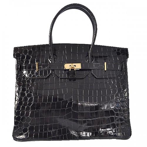 Hermes Birkin 35CM Tote Bag in pelle di coccodrillo nera iridescente oro