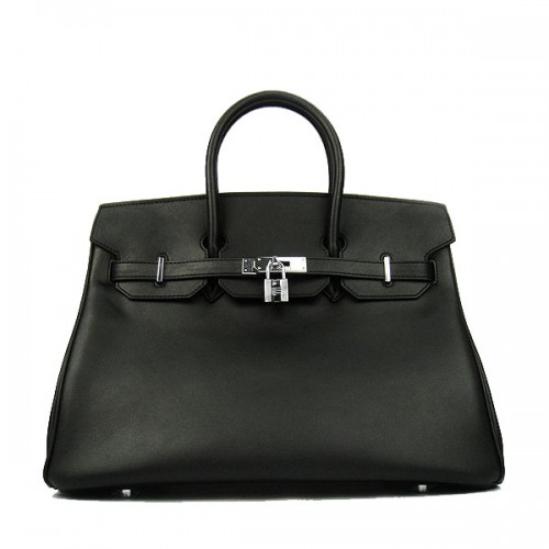Hermes Birkin 35CM Tote Bag nera in pelle liscia H6089 argento