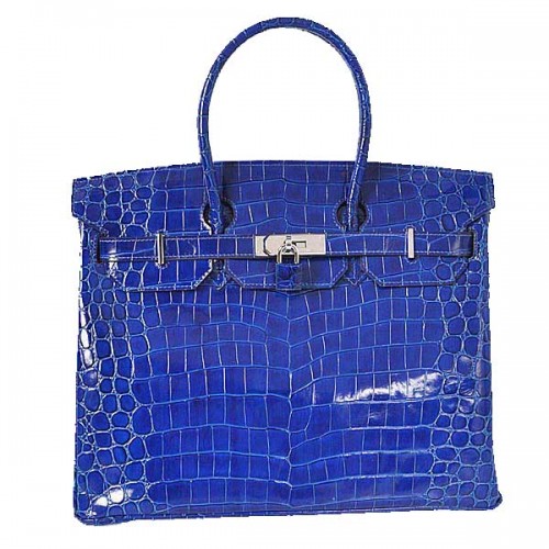 Hermes Birkin 35CM Tote Bag blu iridescente in pelle di coccodrillo argento