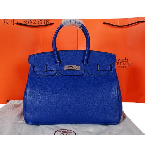 Hermes Birkin 35CM Tote Bag blu originale in pelle granulosa H35 argento