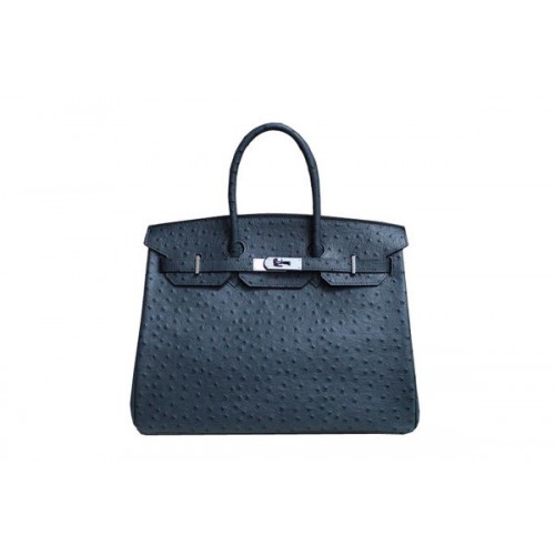 Hermes Birkin 35CM Tote Bag in pelle di struzzo blu scuro BK35 argento
