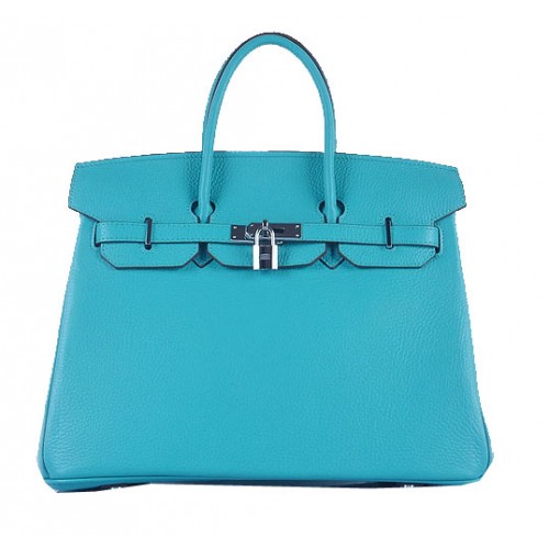 Hermes Birkin 35CM Tote Bag Light Blue pelle granulosa argento