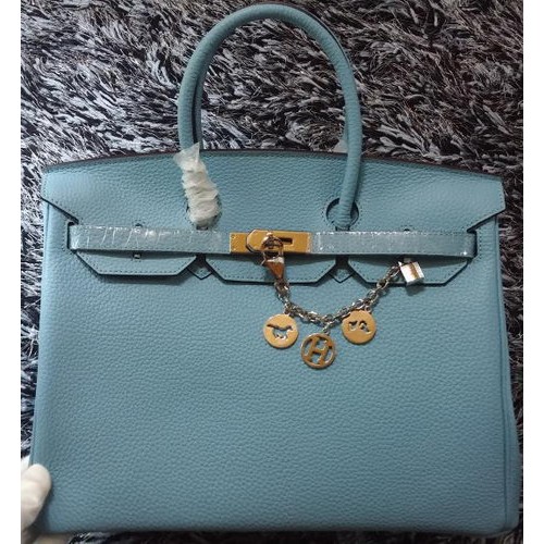 Hermes Birkin 35CM Tote Bag Litchi in pelle HB35GL azzurro