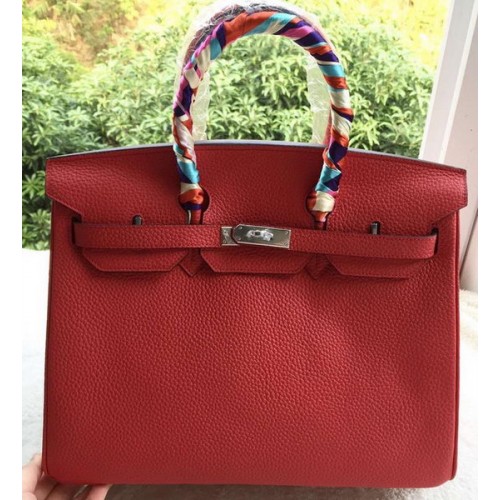 Hermes Birkin 35CM Tote Bag Rosso Litchi Pelle BK35 Argento