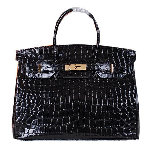 Hermes Birkin 35CM Tote Bag in pelle di coccodrillo lucido H35C nero