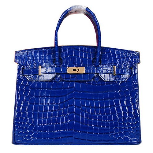 Hermes Birkin 35CM Tote Bag in pelle di coccodrillo lucido H35C blu
