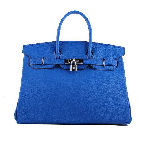 Hermes Birkin 35cm Tote Borse in pelle granulosa blu H-35 argento
