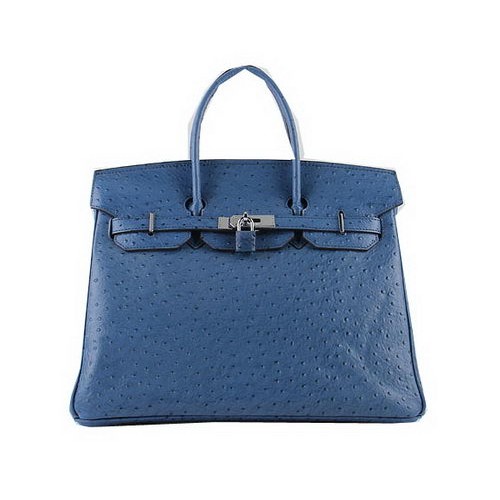 Hermes Birkin 35CM Tote Borse in pelle di struzzo blu H6089 argento