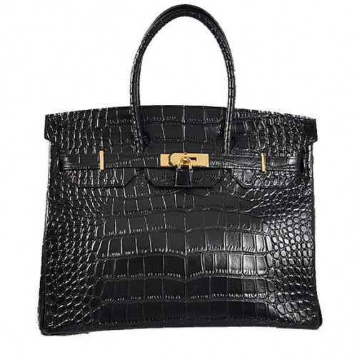Hermes Birkin 35CM Tote Borse in pelle di coccodrillo Togo nero dorato