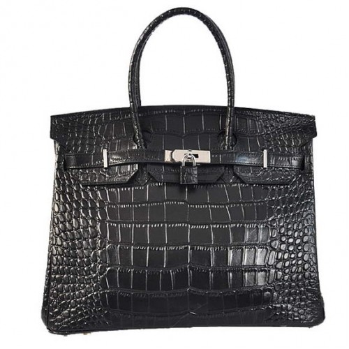 Hermes Birkin 35CM Tote Borse in pelle di coccodrillo Togo nero argento