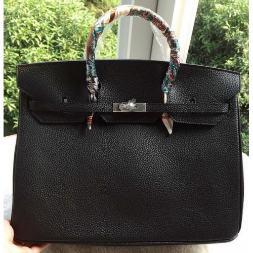 Borsa Hermes Birkin 40CM Litchi in pelle nera BK40 argento
