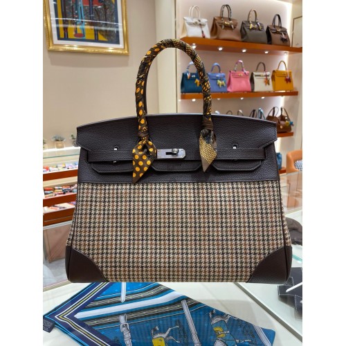 Borsa Hermes Birkin in pelle originale 35CM 17888 pied de poule marrone scuro