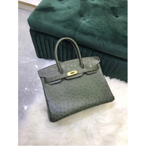 Hermes Birkin Bag Pelle di struzzo originale in pelle HBK2530 verde nerastro