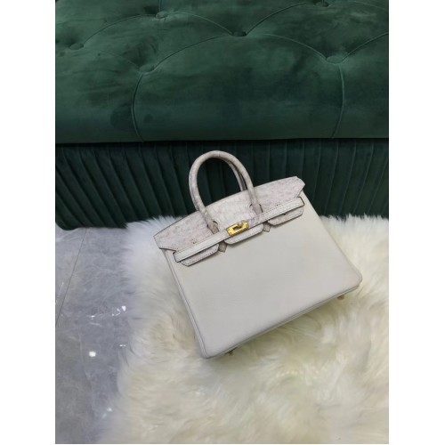 Hermes Birkin Borsa in pelle di coccodrillo originale togo HBK2530 grigio chiaro e bianco