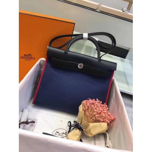 Hermes Herbag 31CM originale tela pelle di vitello 45987 Black&Blue