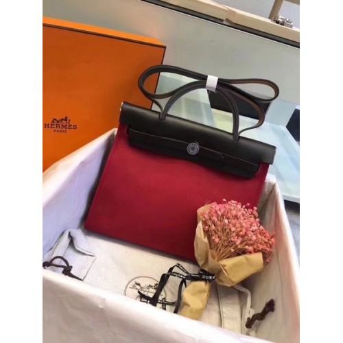 Hermes Herbag 31CM originale tela pelle di vitello 45987 Black&Red