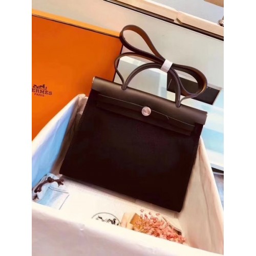 Hermes Herbag 31CM originale tela pelle di vitello 45987 nero