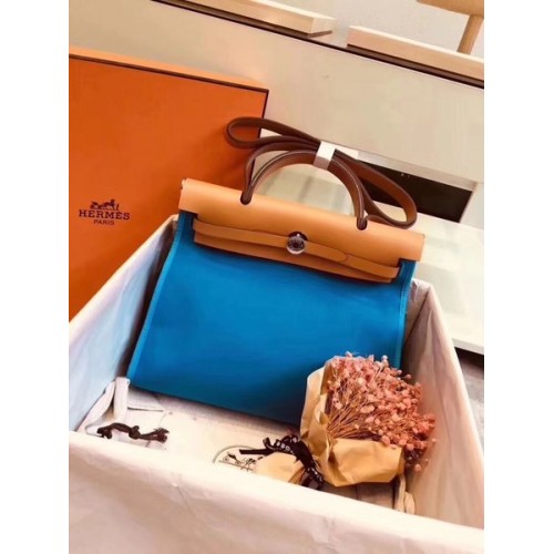Hermes Herbag 31CM originale tela pelle di vitello 45987 blu e albicocca