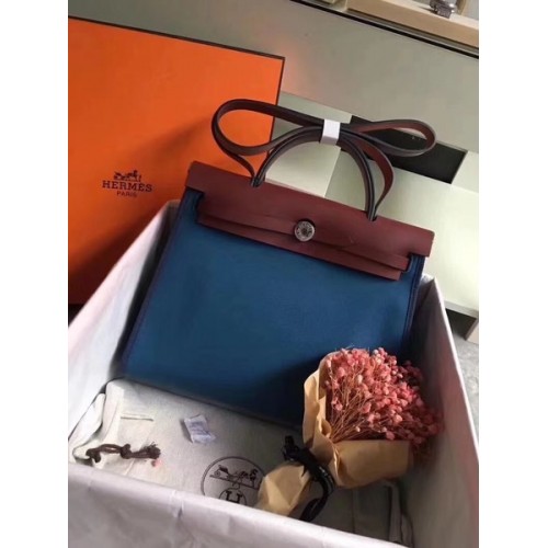 Hermes Herbag 31CM Originale Tela Pelle Di Vitello 45987 Blue&Wine