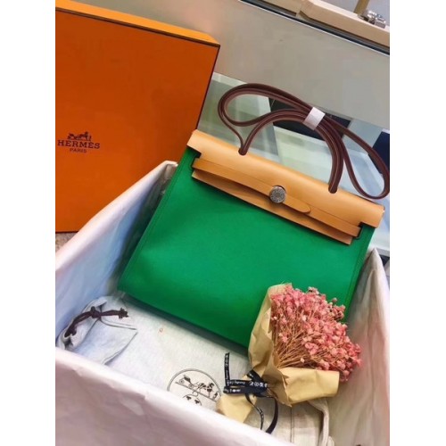 Hermes Herbag 31CM originale tela pelle di vitello 45987 verde e albicocca