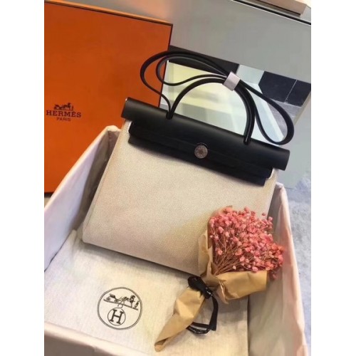 Hermes Herbag 31CM originale tela pelle di vitello 45987 bianco sporco e nero