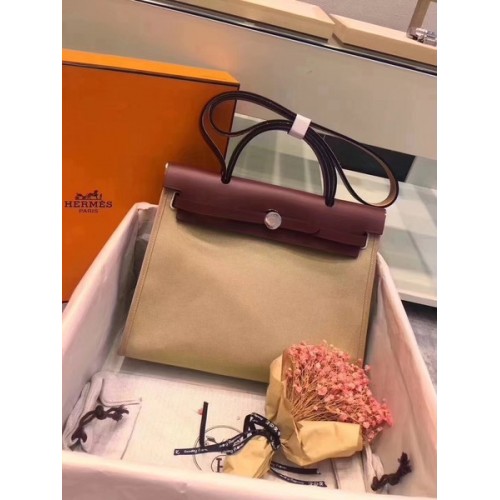 Hermes Herbag 31CM Originale Tela Pelle Di Vitello 45987 Offwhite&Wine