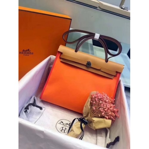 Hermes Herbag 31CM originale tela pelle di vitello 45987 Orange&Brown