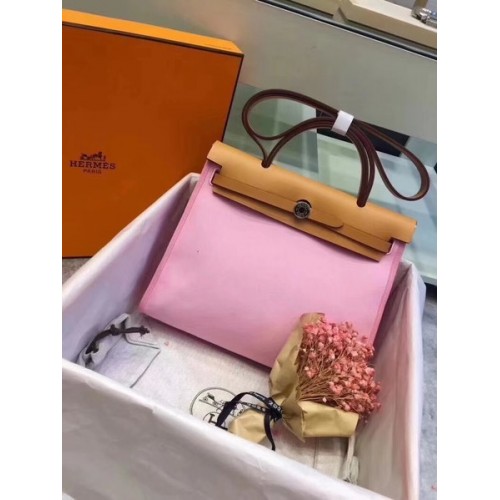 Hermes Herbag 31CM originale tela pelle di vitello 45987 rosa e albicocca