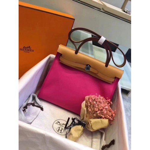 Hermes Herbag 31CM originale tela pelle di vitello 45987 rosa e marrone