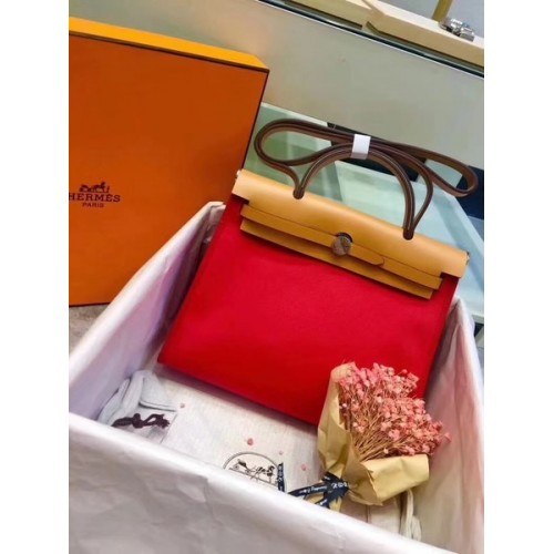 Hermes Herbag 31CM originale tela pelle di vitello 45987 rosso e albicocca