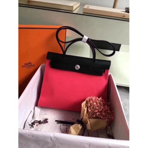 Hermes Herbag 31CM originale tela pelle di vitello 45987 rosso e nero
