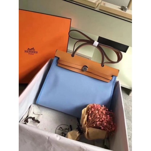 Hermes Herbag 31CM originale tela pelle di vitello 45987 Skyblue&Brown
