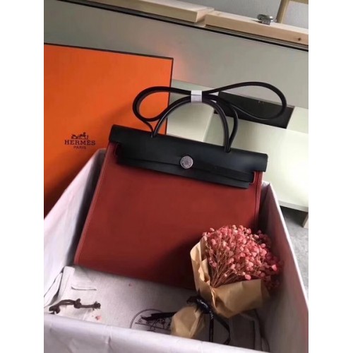Hermes Herbag 31CM Originale Tela Pelle Di Vitello 45987 Vino&Nero