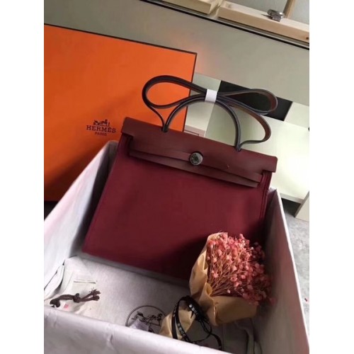Hermes Herbag 31CM Originale Tela Pelle Vitello 45987 Vino