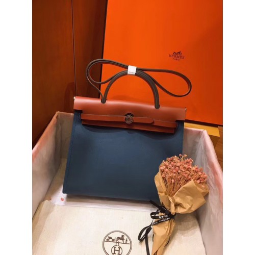 Hermes Herbag 31CM originale tela pelle di vitello 45987 Blue&Brown