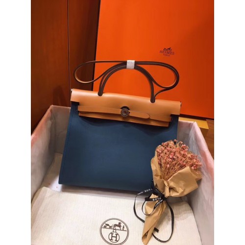 Hermes Herbag 31CM originale tela pelle di vitello 45987 blu e albicocca