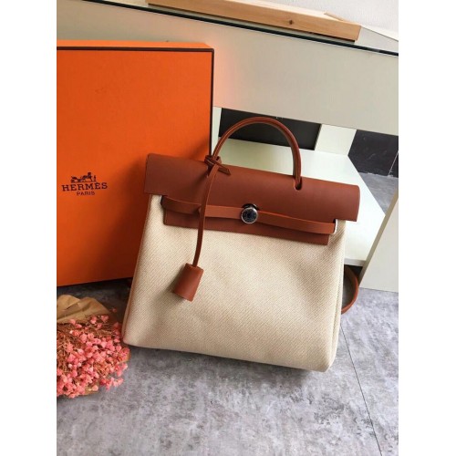 Hermes Herbag 31CM originale tela pelle di vitello 45987 marrone e bianco