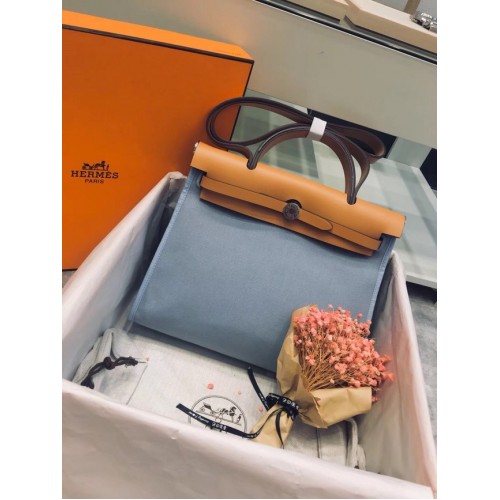Hermes Herbag 31CM originale tela pelle di vitello 45987 azzurro blu e marrone