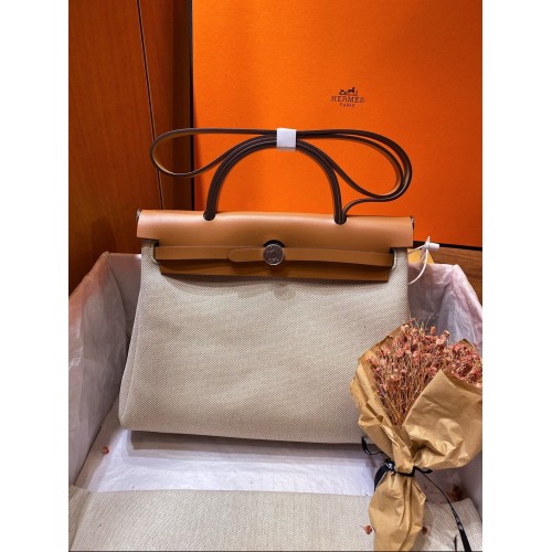 Hermes Herbag 31CM originale tela pelle di vitello 45988 marrone e bianco