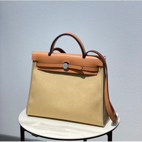 Hermes Herbag 31CM originale tela pelle di vitello 48887 crema e marrone