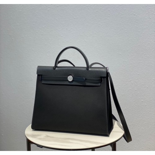Hermes Herbag 31CM originale tela pelle di vitello 48887 nero