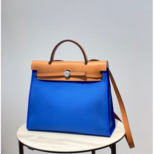 Hermes Herbag 31CM originale tela pelle di vitello 48887 blu e marrone