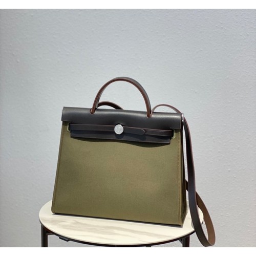 Hermes Herbag 31CM originale tela pelle di vitello 48887 verde e marrone