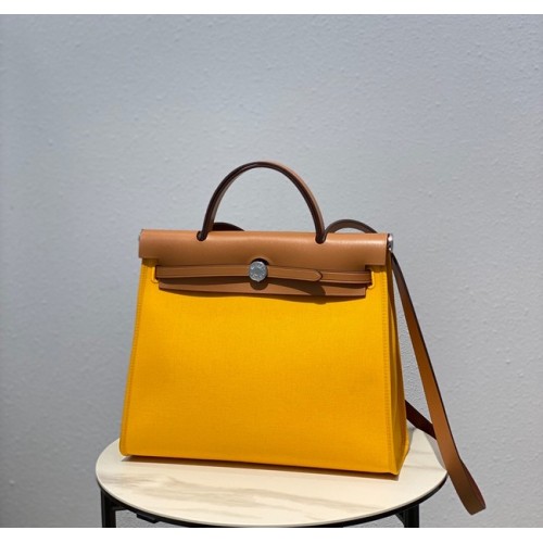 Hermes Herbag 31CM originale tela pelle di vitello 48887 giallo chiaro e marrone