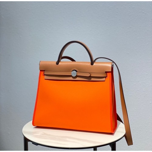 Hermes Herbag 31CM originale tela pelle di vitello 48887 arancione e marrone